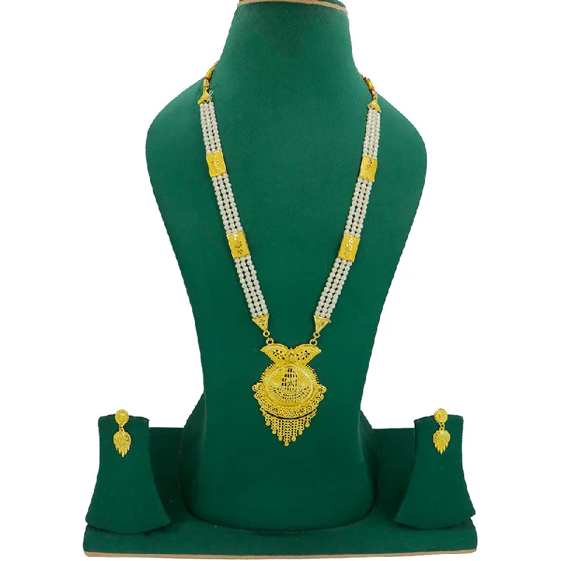 Gold Link Necklace-Mahavir Gold Plated Pearls Long Necklace Set