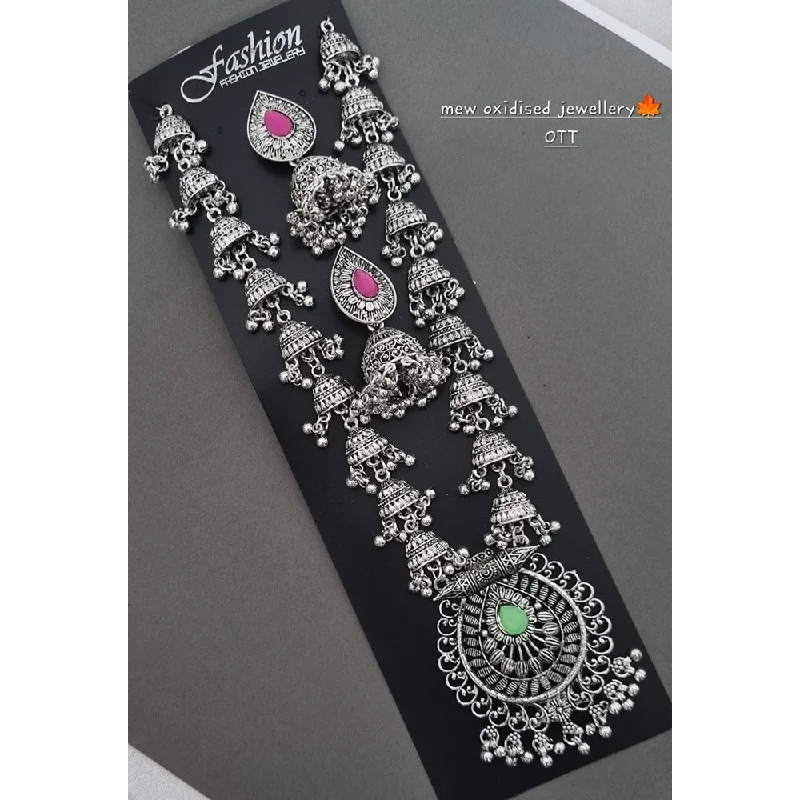 Handcrafted Silver Necklace-Akruti Collection Oxidised Plated Pota Stone Long Necklace Set