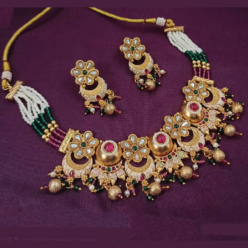 Silver and Gold Necklace-NAFJ Gold Plated Pota Stone And Pearls Meenakari Necklace Set