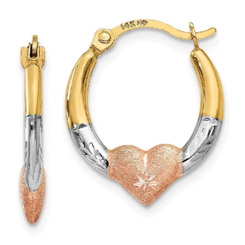 Unique Dangle Earrings-Tri-Color Heart and Diamond-cut Hoops in 14k Yellow Gold, 13mm