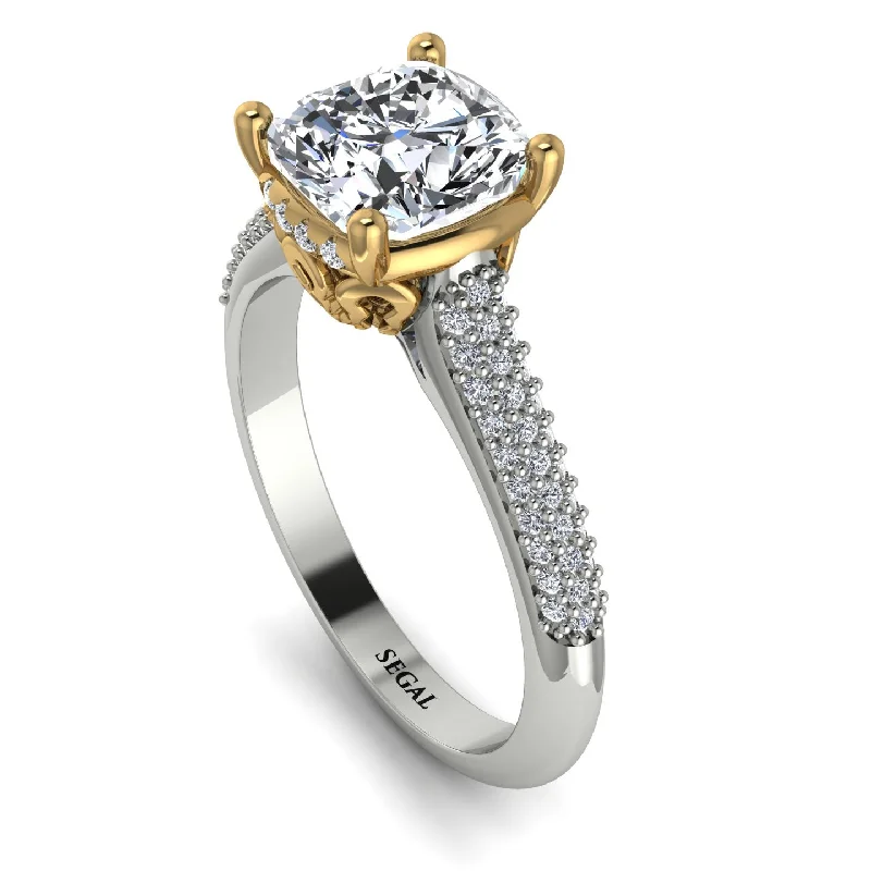 Sparkly Diamond Ring-Two Tones Luxury Pave Cushion Cut Diamond Engagement Ring With Hidden Stone - Esmeralda No. 77