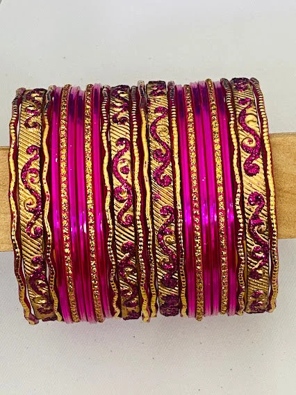 Traditional Gold Wedding Bangles-Gorgeous Pink Color Designer Metal Bangle Set