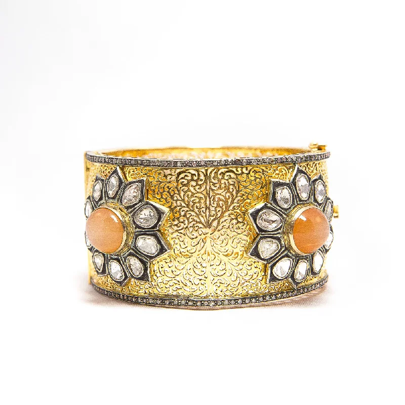 Handmade Gold Bangles Set-Apricot Moonstone and Gold Filigree and Diamond Bangle