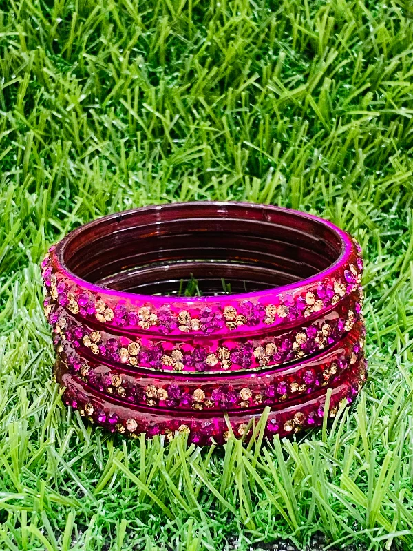 Modern Gold Bangles-Elegant Rani Pink Color Stoned Design Glass Bangles For Women