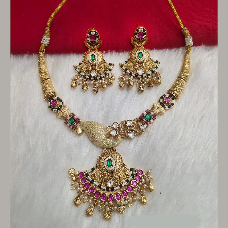 Art Nouveau Necklace-Kala Creation Gold Plated Pota Stone Necklace Set