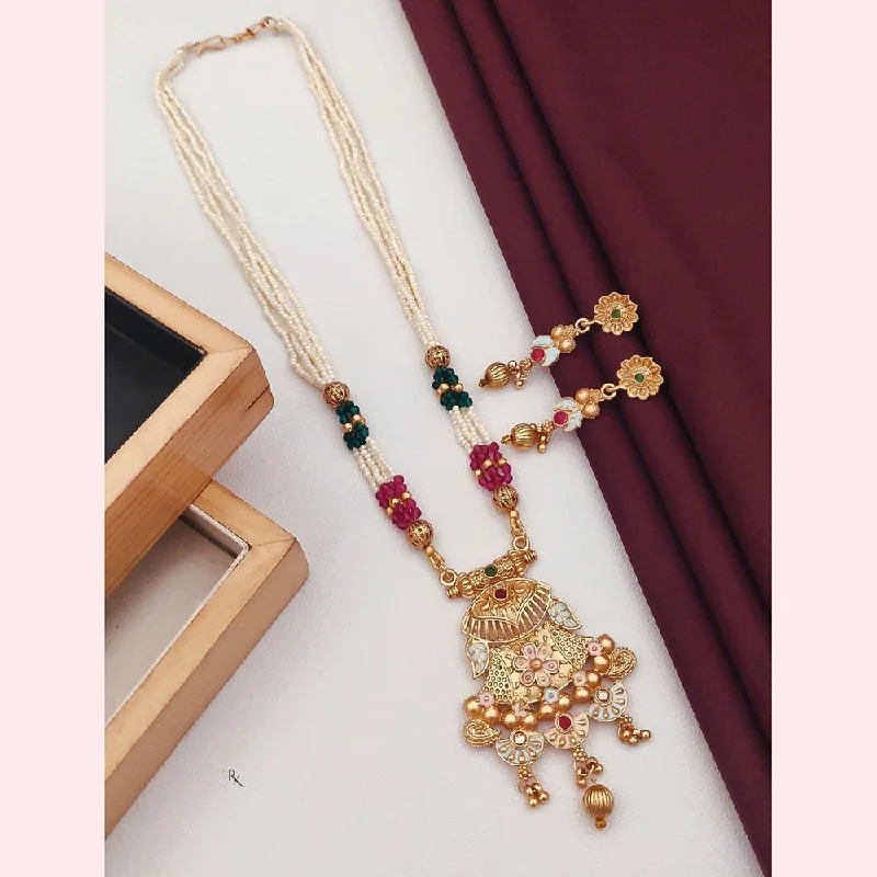 Unique Chain Necklace-Akruti Collection Gold Plated Pota Stone And Pearls Long Necklace Set