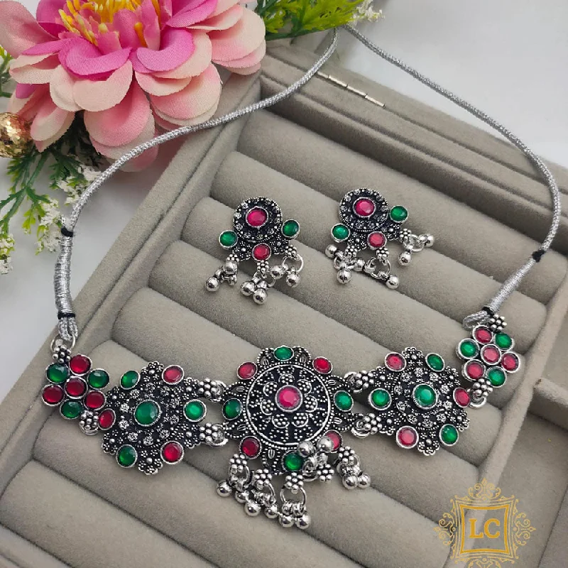 Double Chain Necklace-Lalita Creation Oxidised Plated Pota Necklace Set