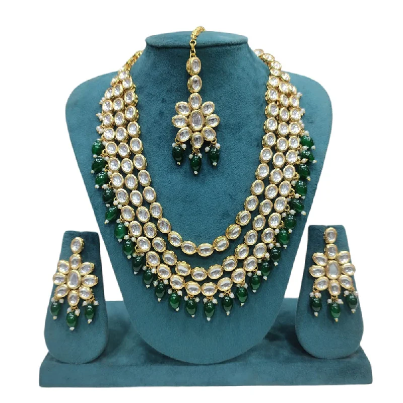 Simple Heart Pendant Necklace-Manisha Jewellery Gold Plated Kundan Stone And Beads Multi Layer Long Necklace Set