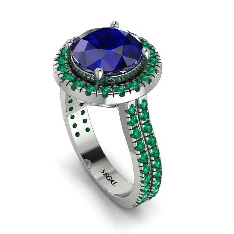 Artistic Design Ring-Gorgeous Round Cut Sapphire Pave Double Shank Engagement Ring With Hidden Stone - Ellen No. 30