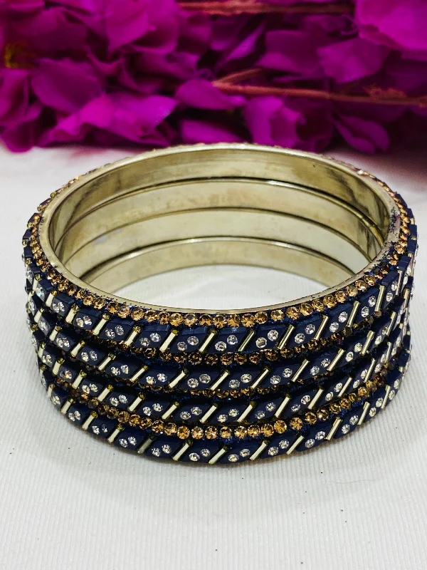 Colored Glass Bangle Set-Delightful Blue Color Metal Bangles With White Stone For Women