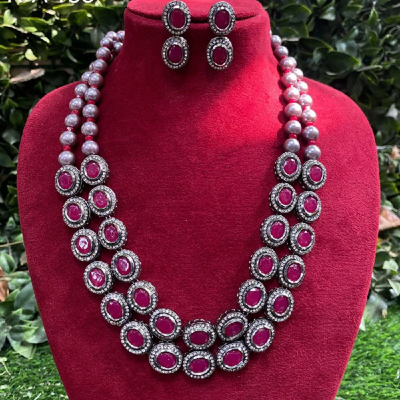 Round Gemstone Necklace-Amoliya Jewels Oxidised Plated Pota Stone And Austrian Stone Long Necklace Set