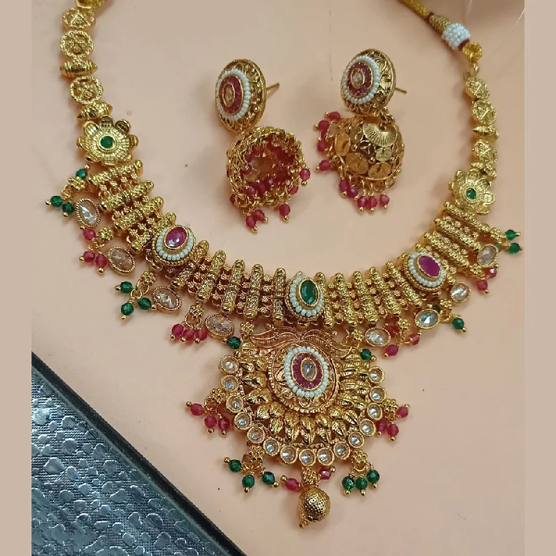 Gold Bangle Necklace-NAFJ Gold Plated Pota Stone And Pearls Necklace Set