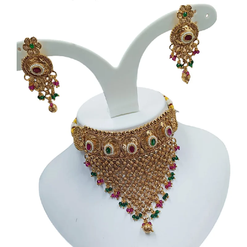 Geometric Pendant Necklace-Padmawati Bangles Copper Gold Pota Stone And Beads Necklace Set