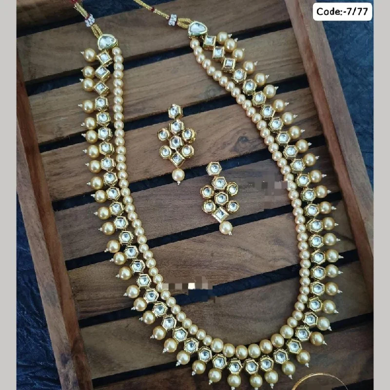 Layered Gold Necklace-FS Collection Gold Plated  Kundan Stone And Pearls Long Necklace Set