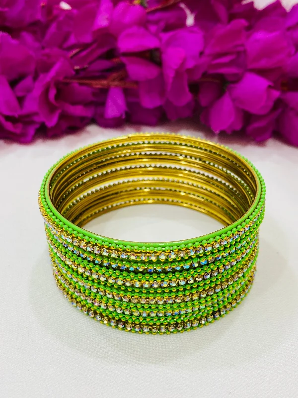 Rose Gold Bangles with Diamonds-Pleasing Light Green Color Metal Bangles With Glittering Stones For Women