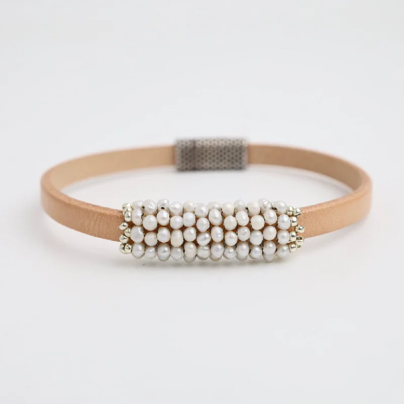 Gemstone Cuff Bracelets-White Seed Pearls Leather Bracelet