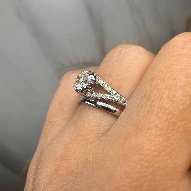 Modern Cocktail Ring-"Zyne" Round Cut Diamond Shoulder Matching Set Engagement Ring