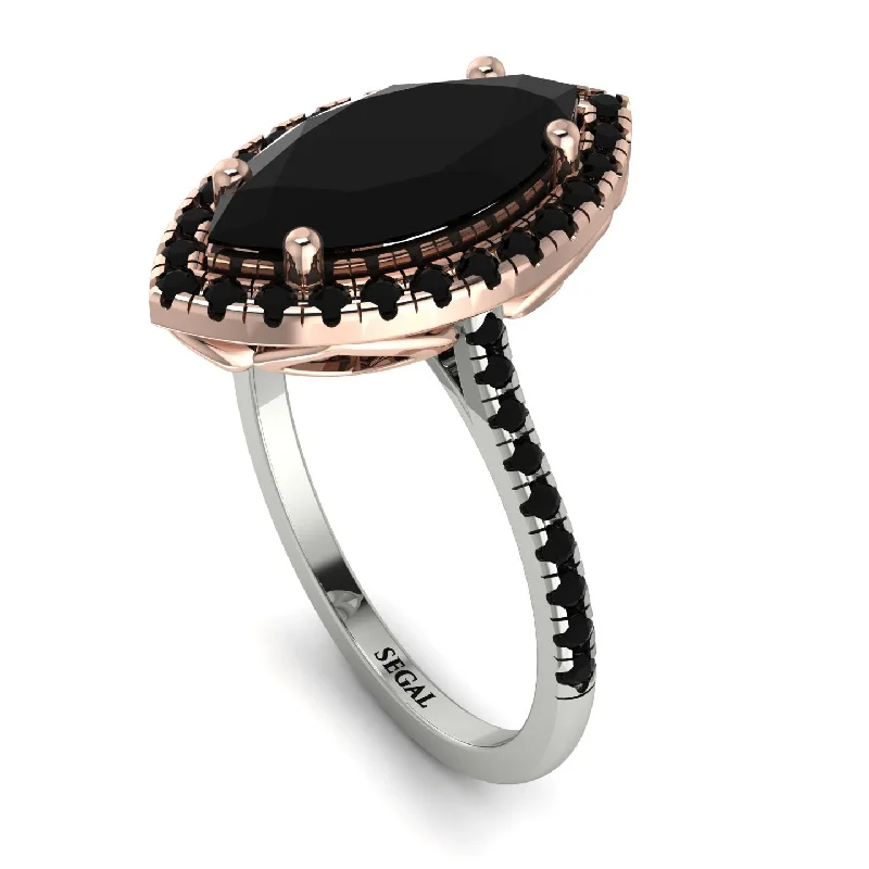 Unique Statement Ring-Two Tones Gorgeous Marquise Cut Black Diamond Pave Engagement Ring With Hidden Stone - Miriam No. 81