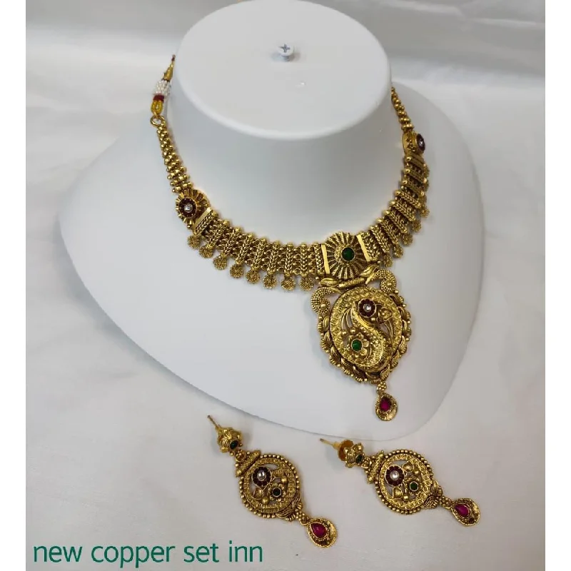 Handcrafted Silver Necklace-Akruti Collection Copper Gold Plated Pota Stone Necklace Set