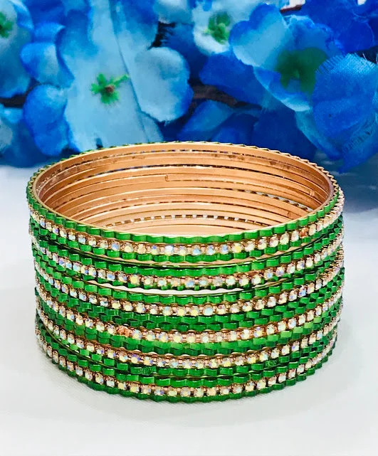 Elegant Wedding Bangles-Exquisite Green Color Metal Bangles With Stones For Women