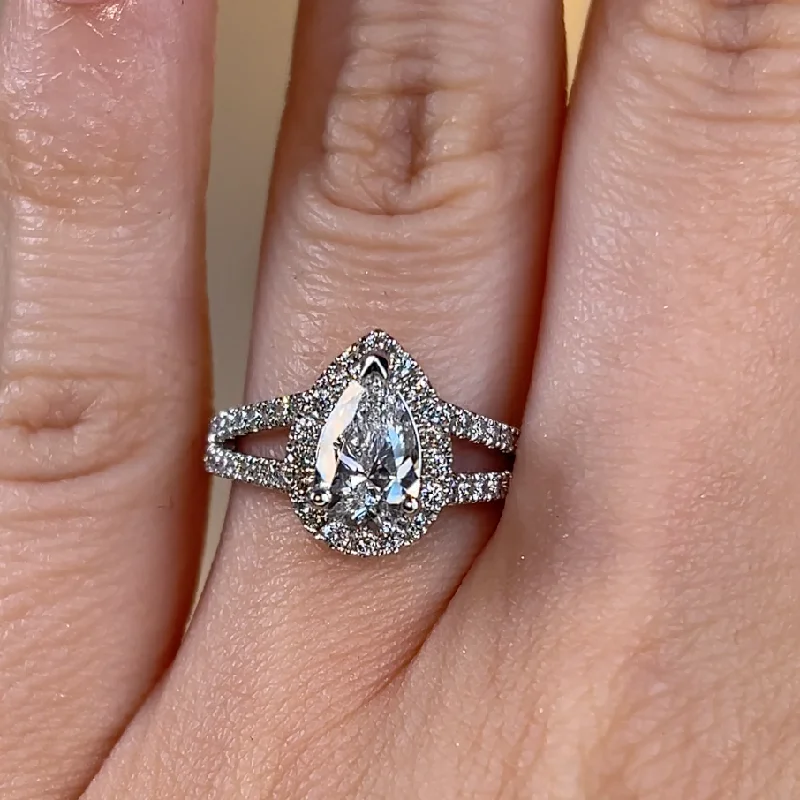 Boho Wedding Ring-"Cresta" Halo Pear Cut Split-Shank Diamond Shoulder Engagement Ring