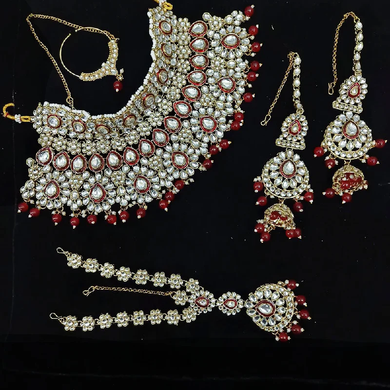 Simple Bar Necklace-Gehana Mahal Gold Plated Kundan Stone Semi Bridal Necklace Set