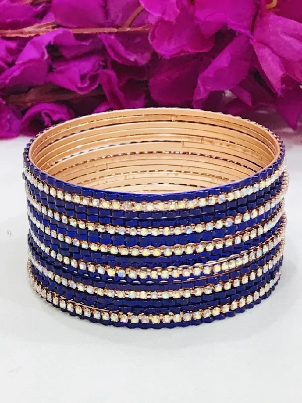 Chunky Gold Bangles-Attractive Blue Color Stone Work Party Wear Metal Bangles For Women