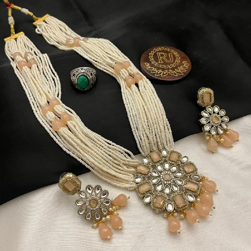 Custom Monogram Necklace-FS Collection Gold Plated Kundan Stone And Pearls Long Necklace Set