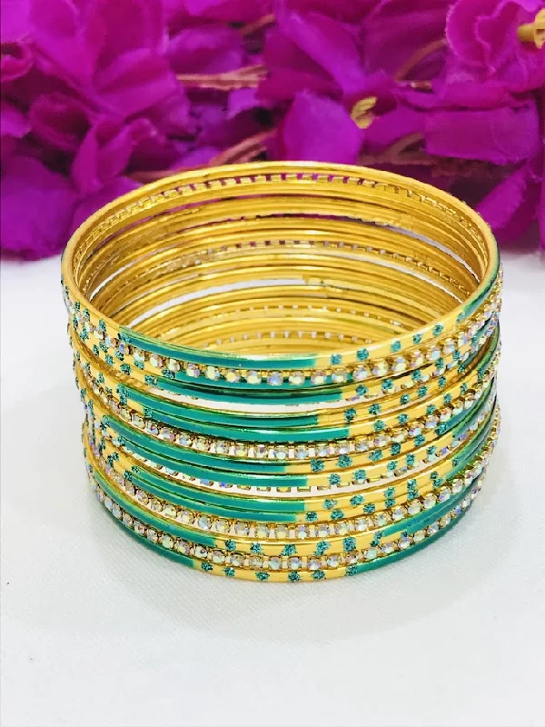 Boho Style Bangles-Elegant Teal Green Color Gold Plated Metal Bangles For Women