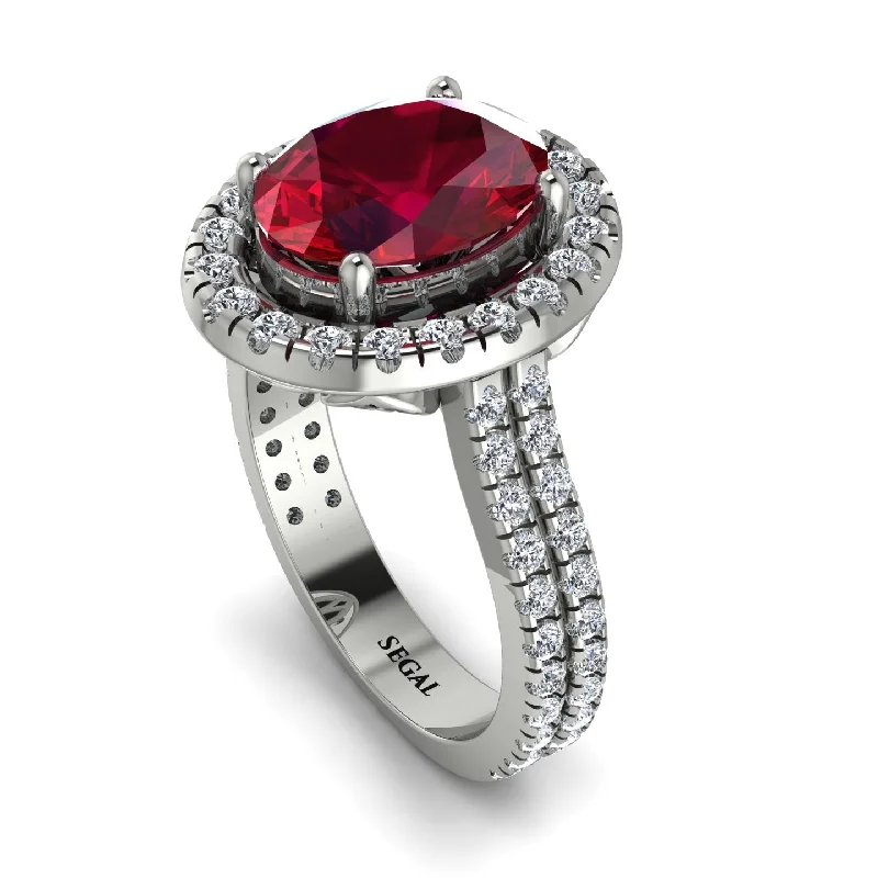 Double Band Ring-Gorgeous Oval Cut Ruby Pave Double Shank Engagement Ring With Hidden Stone - Phoebe No. 12