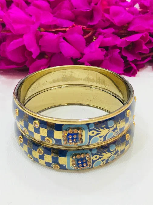 Fashion Silver Bangles Set-Attractive Blue Color Checked Design Glass Bangles For Women