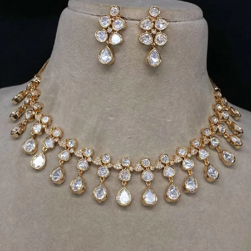 Classic Gold Pendant Necklace-Shagna Gold Plated Polki Kundan Stone Necklace Set