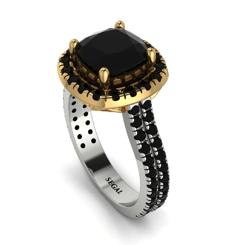 Unique Gold Engagement Ring-Two Tones Gorgeous Cushion Cut Black Diamond Pave Double Shank Engagement Ring With Hidden Stone - Kira No. 80