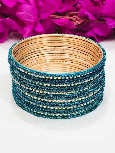 Silver Bangles Set-Beautiful Traditional Wear Teal Blue Colored Bangles For Women