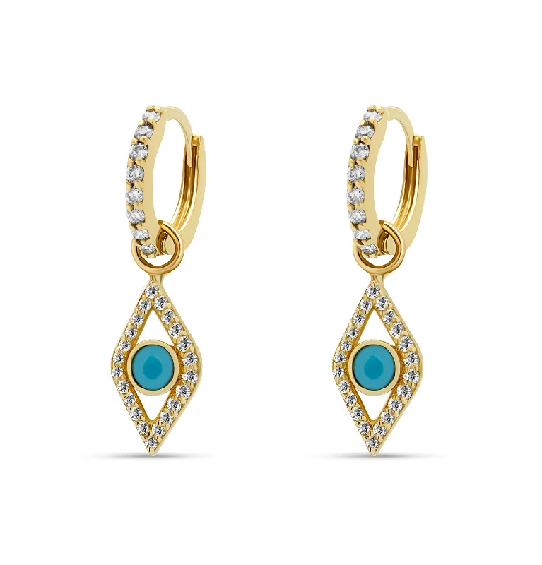 Sterling Silver Earrings-Evil Eye Diamond Turquoise Huggies - 14 karat gold huggie earrings, diamonds 0.45ct, turquoise 0.1ct