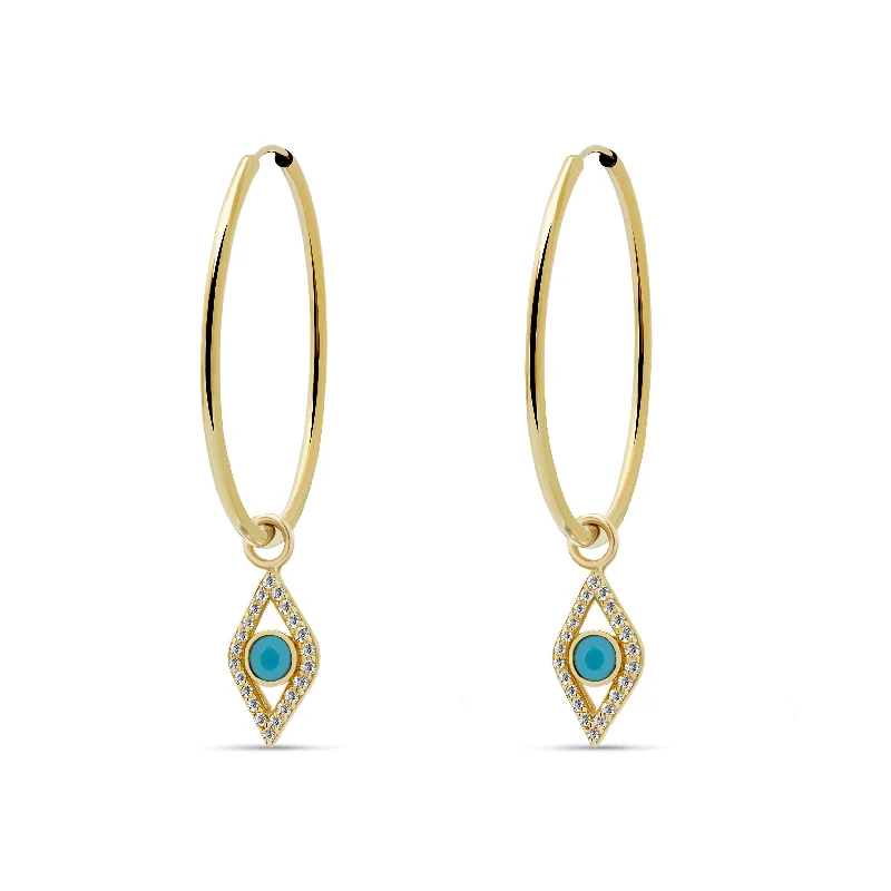 Fashionable Chain Earrings-Evil Eye Diamond Turquoise Hoops - 14 karat gold, diamonds 0.23ct, turquoise 0.1ct