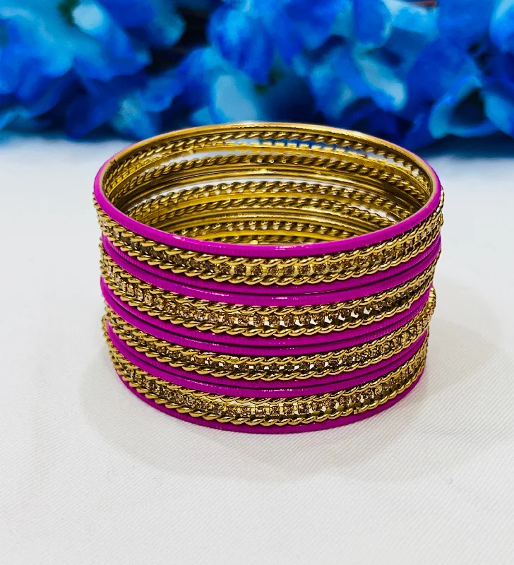 Heavy Diamond Bangles-Pleasing Violet Color Metal Bangles With Stone For Women