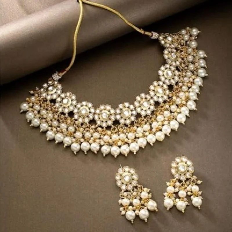 Chunky Silver Necklace-Etnico Gold Plated Traditional Kundan & Pearl Studded Choker Necklace Set For Women/Girls (K7213WH)