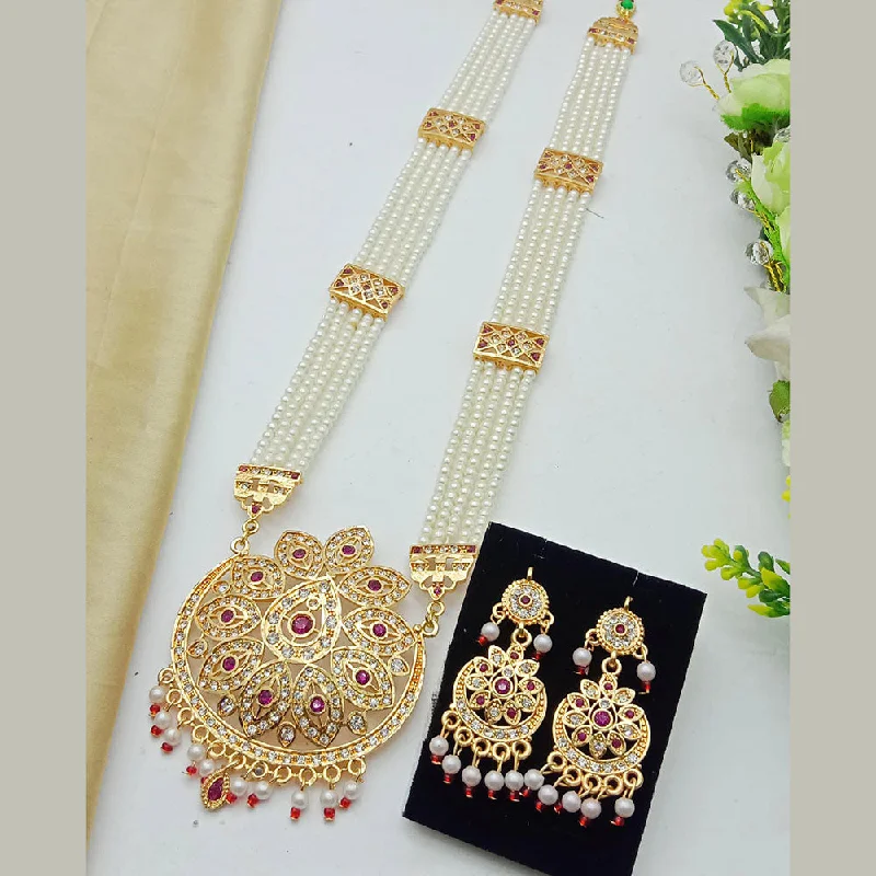 Elegant Diamond Necklace-SP Jewellery Gold Plated Austrian Stone And Pearls Long Necklace Set