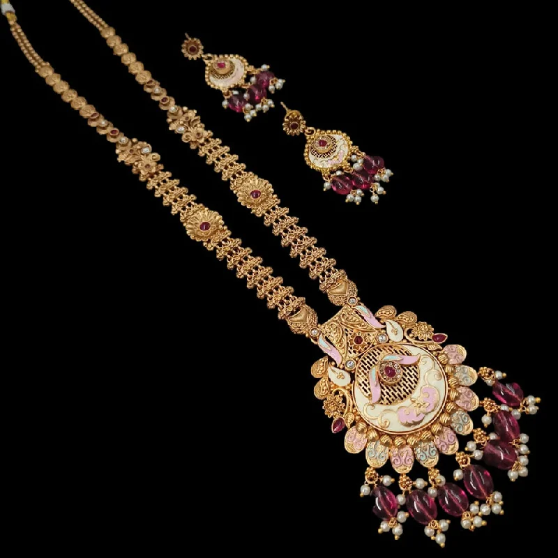 Classic Pearl Necklace-Padmawati Bangles Copper Gold Pota Stone Long Necklace Set