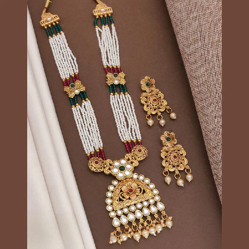 Stylish Pearl Necklace-Akruti Collection Gold Plated Pota Stone And Pearls Long Necklace Set