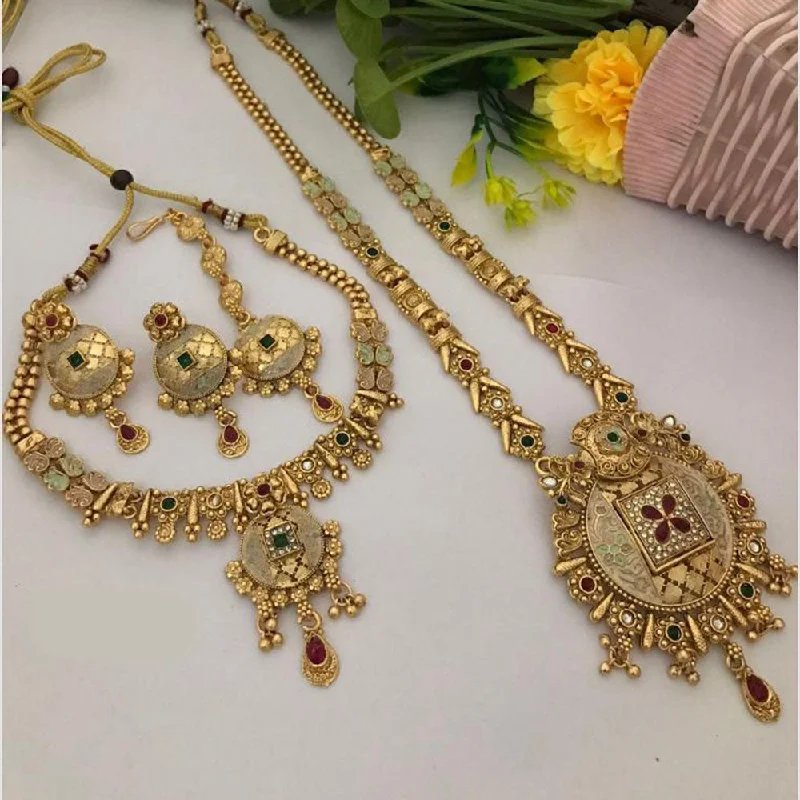 Gemstone Pendant for Necklace-FS Collection Gold Plated Pota Stone And Meenakari Double Necklace Set