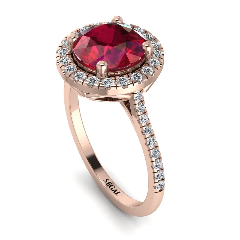 Stylish Gemstone Wedding Ring-Gorgeous Round Cut Ruby Pave Engagement Ring With Hidden Stone - Ellen No. 11