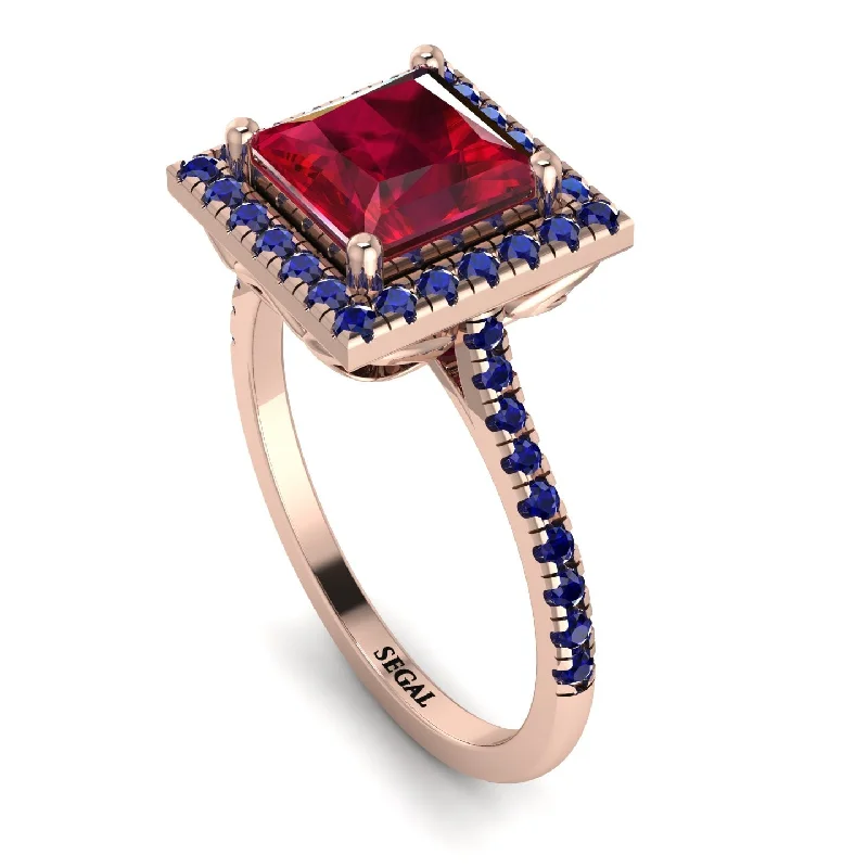 Classic Gemstone Wedding Band-Gorgeous Princess Cut Ruby Pave Engagement Ring With Hidden Stone - Margot No. 71