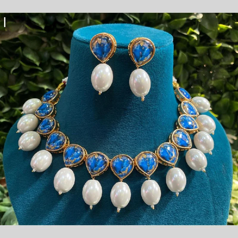 Gold Choker Necklace for Women-Royal Kundan Jewellery Gold Plated Druzy Stone And Pearls Necklace Set