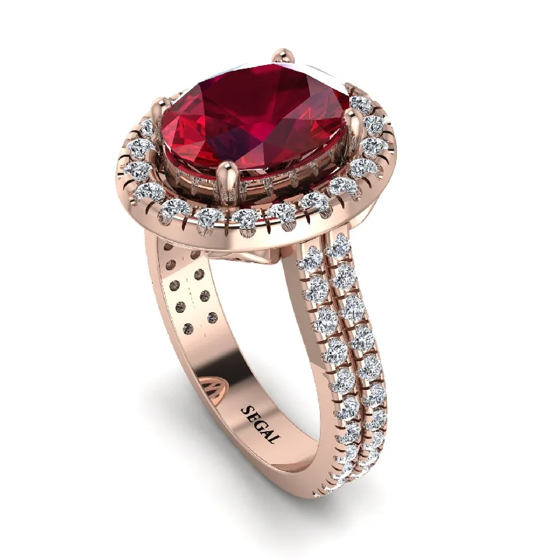 Titanium Wedding Band-Gorgeous Oval Cut Ruby Pave Double Shank Engagement Ring With Hidden Stone - Phoebe No. 11