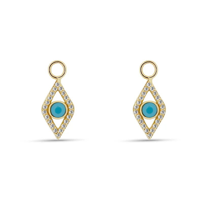 Classic Gold Earrings-Evil Eye Diamond Turquoise Charms for Hoops - 14 karat gold, diamonds 0.23ct, turquoise 0.1ct