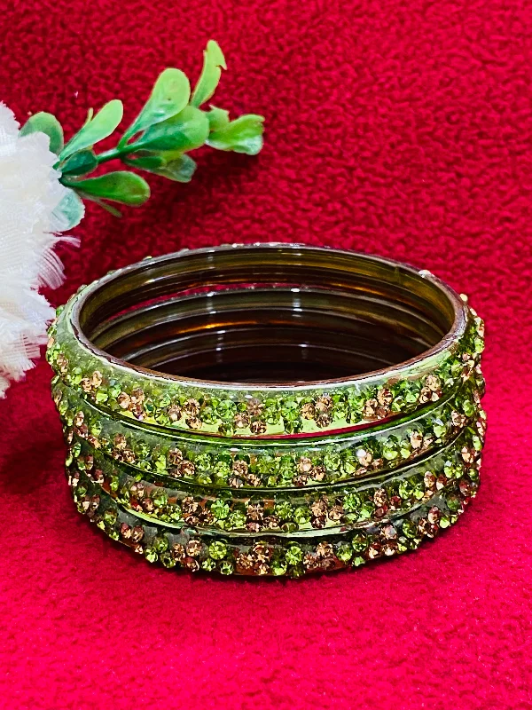 Personalized Charm Bangles Set-Elegant Light Green Color Stoned Design Glass Bangles For Women