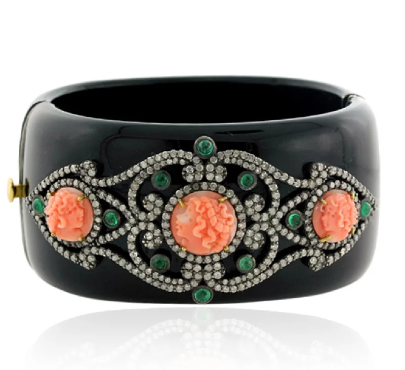 Beautiful Gemstone Bangles-Carved Coral & Diamond Bakelite Bangle