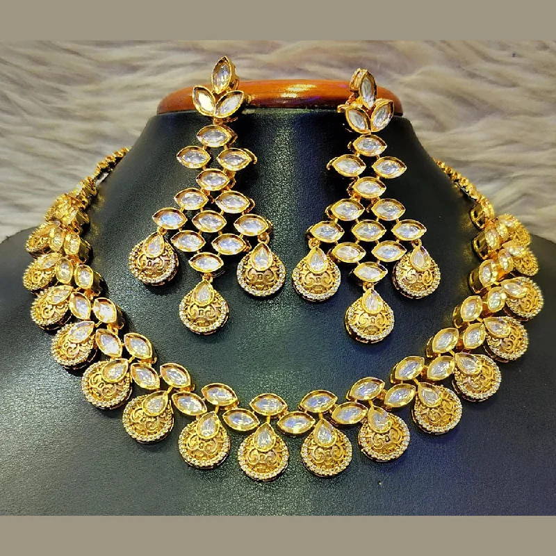 Gold Bar Necklace-Jain Jewellers Gold Plated Polki Kundan Stone Necklace Set